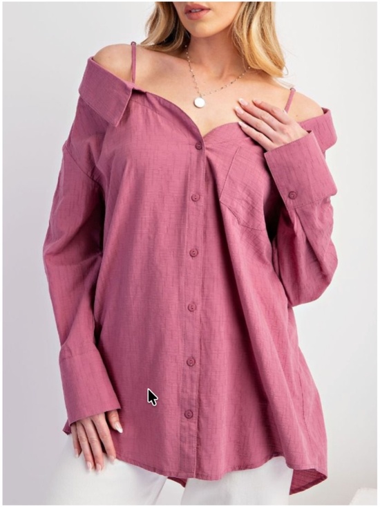 Easel Magenta Cold Shoulder Button Down Boyfriend Shirt - Picture 3 of 5